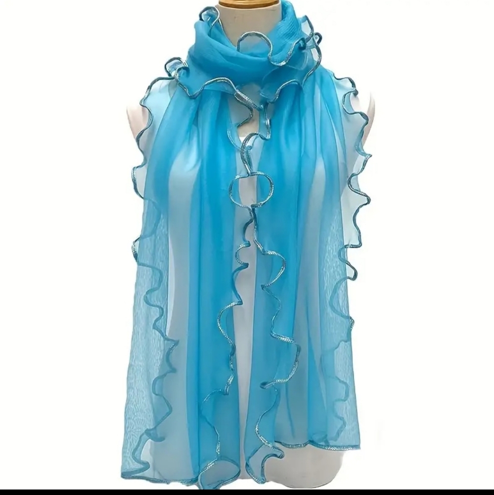 Scarf Ruffle Trim Sky Blue Sheer